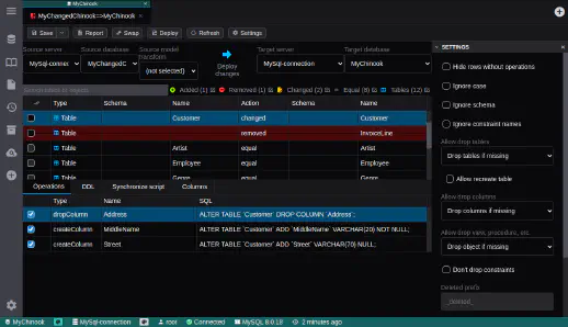DbGate - compare database settings