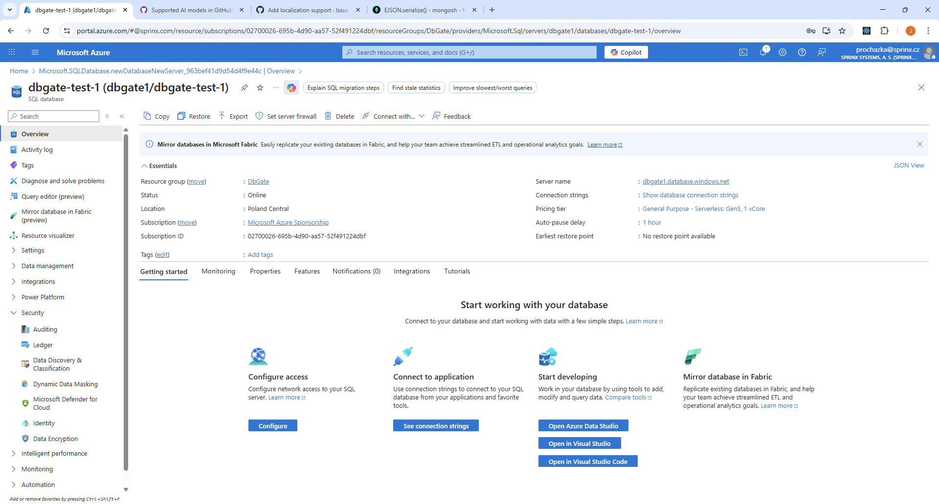 Azure database homepage