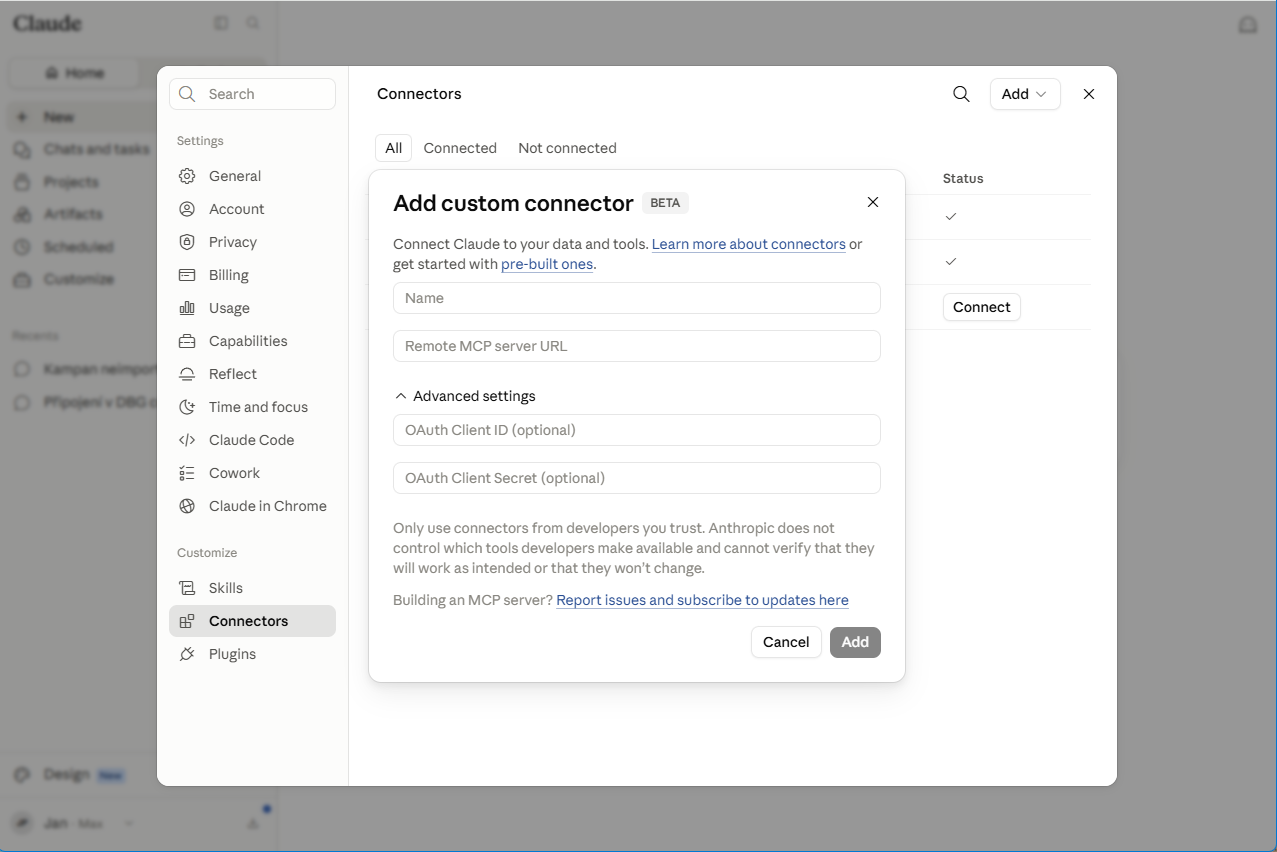 Configuring the DbGate Central custom connector in claude.ai