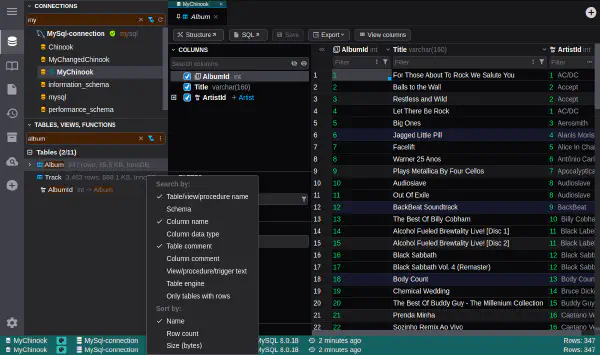 Search in connections and databases