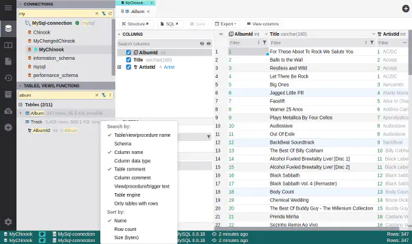 Search in connections and databases