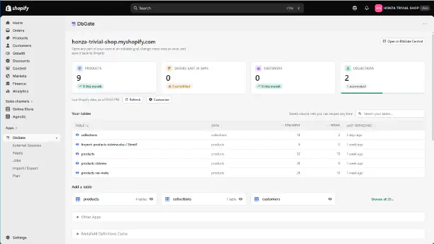 DbGate Shopify App showing store data in an editable table in Shopify Admin