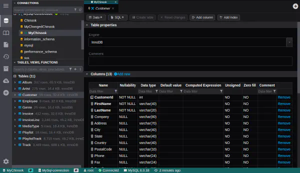 View table structure